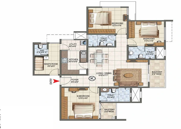 Prestige Primrose Hills 3 BHK Floor Plan